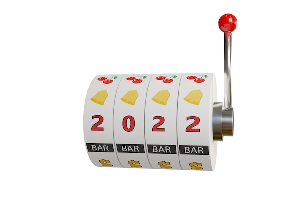 Roues d'une machine à sous avec le numéro 2022 isolé sur fond blanc. Notion de nouvel an.