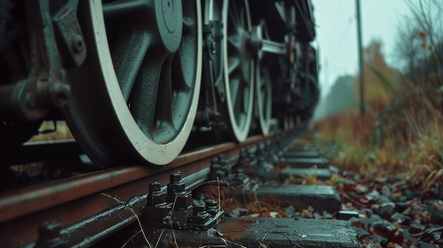 Photo les roues d'un vieux train sur la voie ferrée passent devant la caméra en gros plan