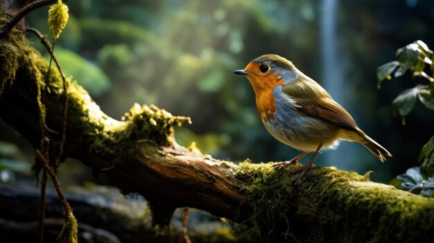 Le rouge-gorge européen Erithacus rubecula perché sur une branche mousseuse