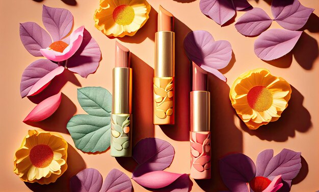 Des rouge à lèvres colorés à la mode, des ombres de soleil à partir de fleurs sur un fond beige, une vue supérieure à plat, une vue de beauté et des cosmétiques, un fond d'IA générative.