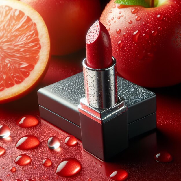 rouge à lèvres hydratant avec des gouttelettes d'eau sur la surface sur un fond de pommes