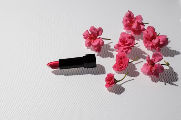 Rouge à lèvres rose avec des fleurs de pélargonium sur un fond avec une ombre dure.