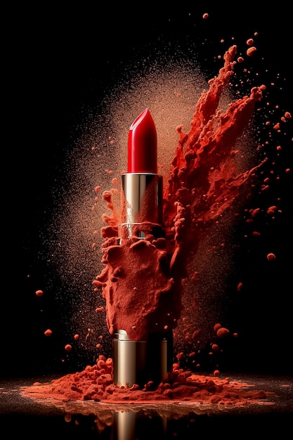 Rouge à lèvres rouge explosif en vue de face avec explosion de poussière rouge générée par l'IA