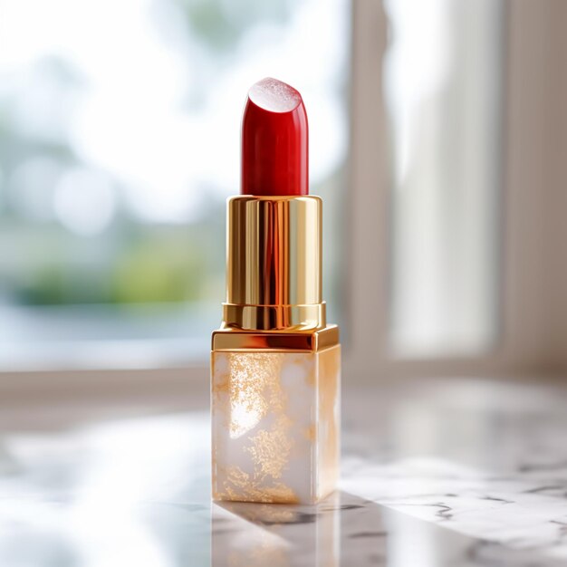 Rouge à lèvres rouge luxueux en tube doré sur marbre beauté cosmétique et produit de maquillage de luxe post-traité ai génératif