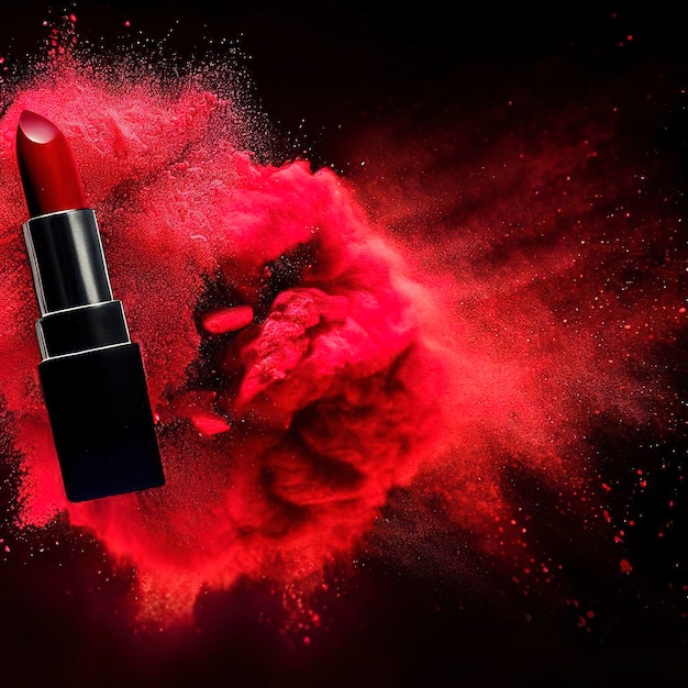 Rouge à lèvres rouge et puissante explosion de poussière rouge