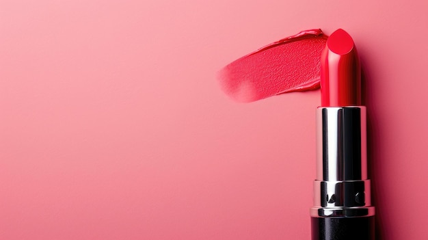 rouge à lèvres avec une tache crémeuse sur une surface rose