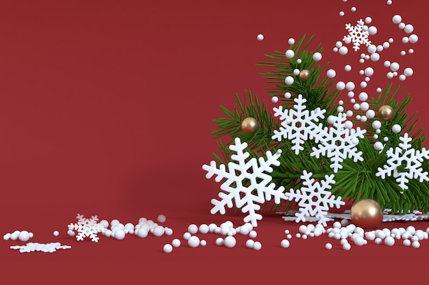 rouge noël neige flottant arbre de noël-feuille d'or balle 3d render