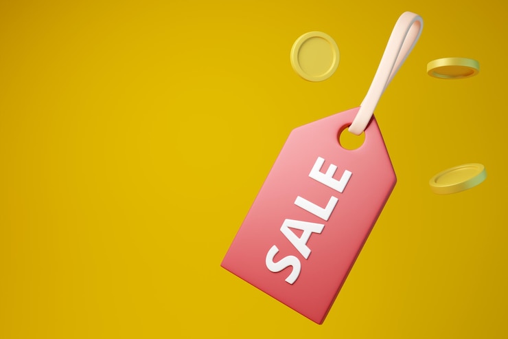 Photo rouge en vente main tag et pièces fond jaune rendu 3d