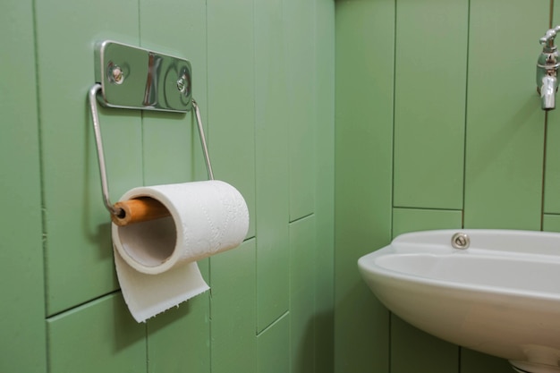 Un rouleau blanc de papier toilette doux soigneusement accroché à un support chromé moderne sur un mur vert de la salle de bain. Design moderne