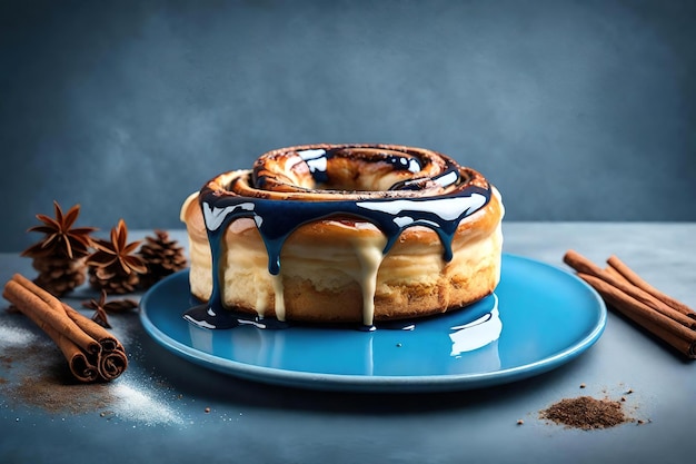 Rouleau de cannelle avec glaçage de sauce aux bleuets sur assiette bleue