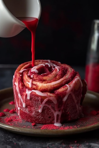 Un rouleau de cannelle en velours rouge versé sur une assiette avec des rouleaux de cannelle à la framboise.