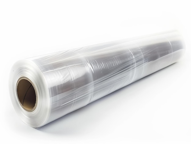 Photo un rouleau d'emballage en plastique transparent sur un fond blanc