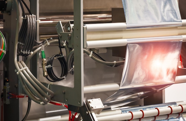 Rouleau de film d'emballage en plastique sur la machine d'emballage automatique dans le concept industriel et technologique de l'usine de produits alimentaires