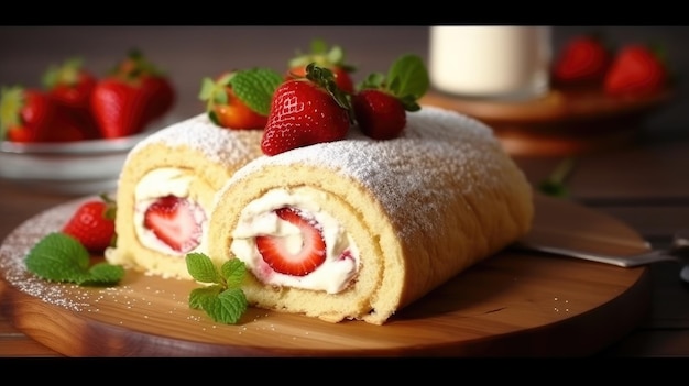 Un rouleau de fromage à la crème à la fraise et de crème.