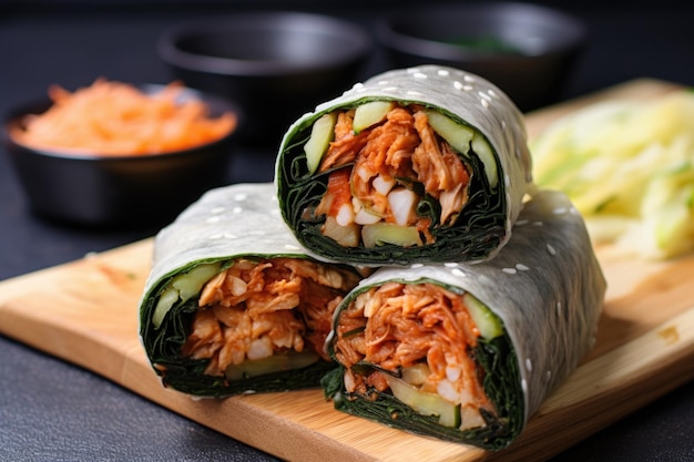 Photo un rouleau de gimbap rempli de kimchi coupé en morceaux