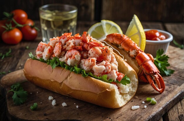 Un rouleau de homard servi sur une table en bois rustique