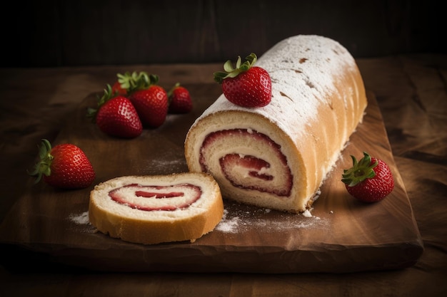 Rouleau de meringue Gâteau Pavlova à la crème et aux baies fraîches sur plateau en bois