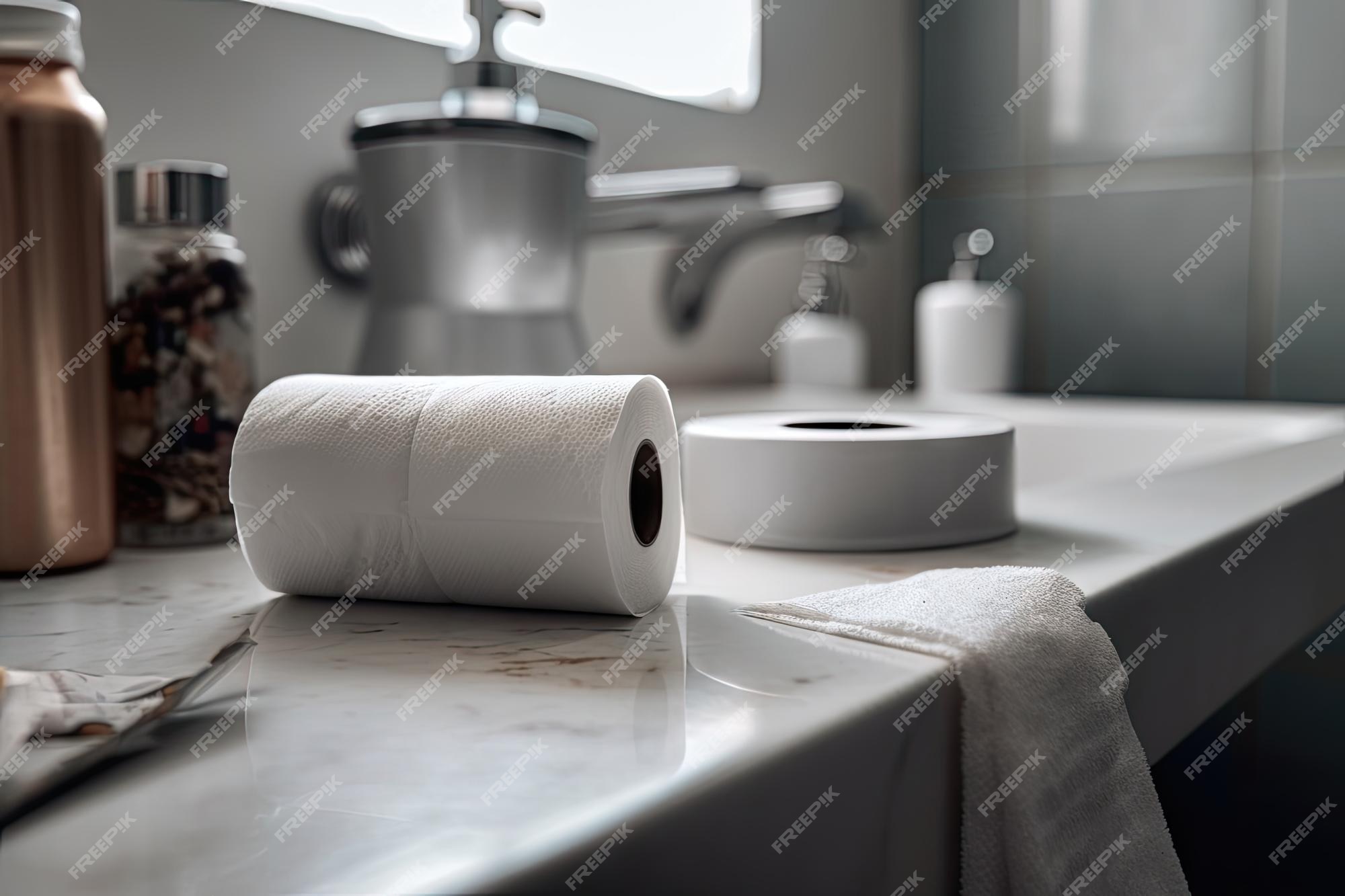 Rouleau De Papier Toilette Non Utilisé Sur Le Comptoir De La Salle De Bain  Avec Des Mouchoirs Et Du Savon à Proximité