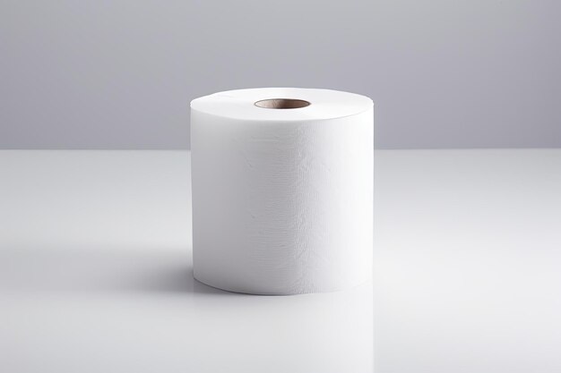 Un rouleau de papier toilette sans aucun texte sur l'étiquette placée sur une surface blanche unie