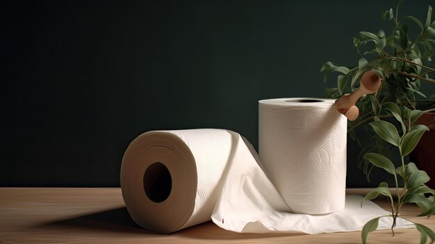 Un rouleau de papier toilette se trouve à côté d'une plante.