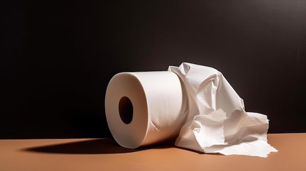 Un rouleau de papier toilette se trouve sur une table avec un fond sombre.