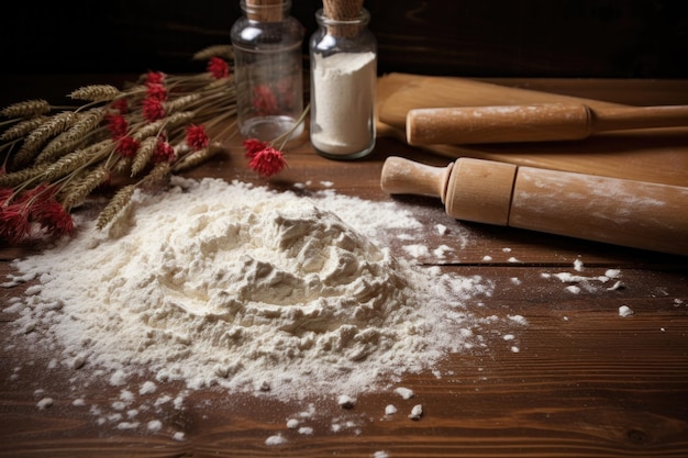 Rouleau à pâtisserie et farine sur une table en bois