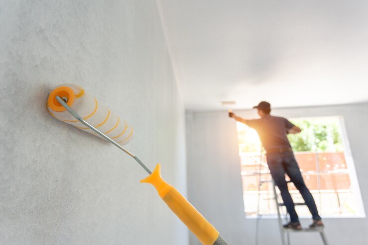 Rouleau de peinture intérieure et le travailleur en arrière-plan. Concept de rénovation de maison.