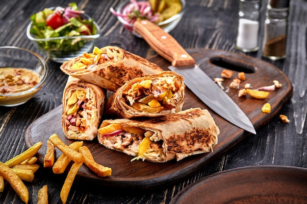 Rouleau de poulet Shawarma dans un pita avec sauce à la crème de légumes frais et frites sur fond de bois...