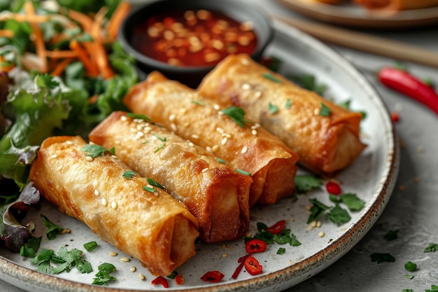 Rouleau de printemps frit chinois avec sauce dans la table de cuisine publicité professionnelle photographie culinaire