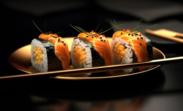 Photo rouleau de sushi avec des baguettes sur fond sombre