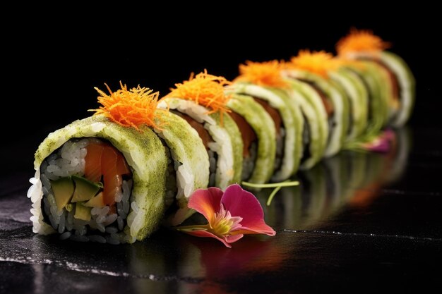 Un rouleau de sushi coupé en morceaux avec du wasabi et du gingembre