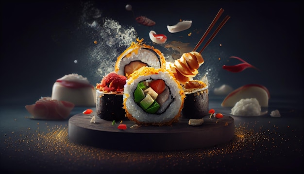 Rouleau de sushi frais AI générative