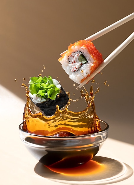 Photo rouleau de sushi frais tombant dans un plat de sauce soja avec une touche de liquide dans un mouvement de congélation. lévitation, espace de copie