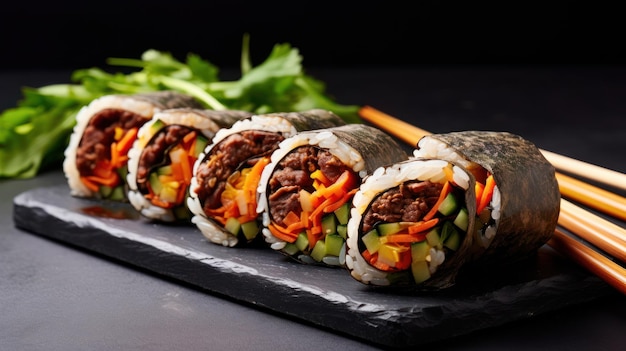 Un rouleau de sushi avec des légumes de bœuf et de la sauce sur un fond noir