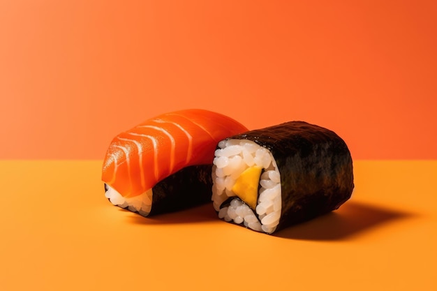 Rouleau de sushi maki et gunkan avec poisson sur fond orange AI
