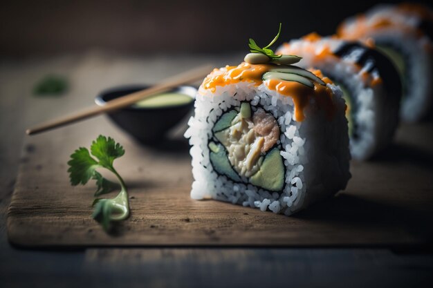 Un rouleau de sushi avec une sauce dessus