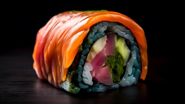 Un rouleau de sushi avec une variété de légumes dessus