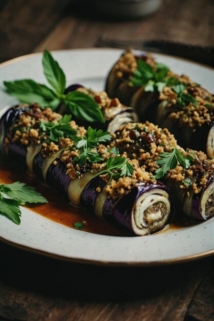 Photo rouleaux d'aubergine farcis d'ail et d'herbes avec une pâte de noix