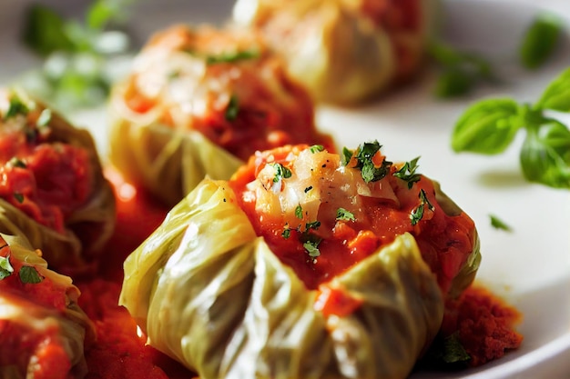 Rouleaux de chou farcis appétissants avec sauce tomate et garniture de viande juteuse