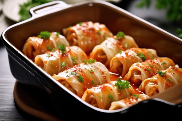 Rouleaux de chou à la sauce tomate sur table en bois libre