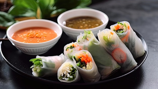 Les rouleaux d'été vietnamiens sont un plat populaire et délicieux composé de nouilles vermicelles et d'herbes fraîches. Généré par AI