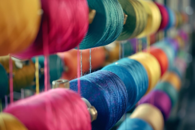 Rouleaux de fil colorés sur une machine à filer Industrie des fils textiles IA générative