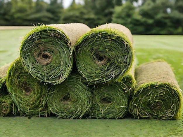 Des rouleaux d'herbe coupée qui a séché