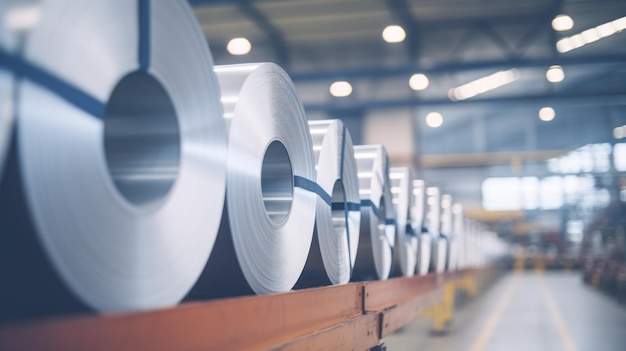 Des rouleaux de métal alignés dans un grand entrepôt d'usine