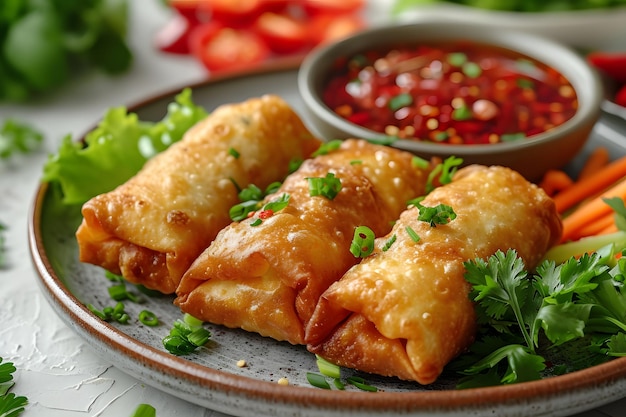 rouleaux d'œufs avec sauce sur une assiette isolée sur fond blanc 4k