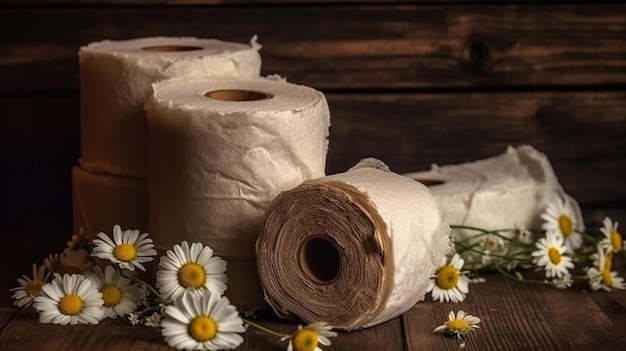 Rouleaux de papier toilette et fleurs de camomille sur fond en bois ai générative