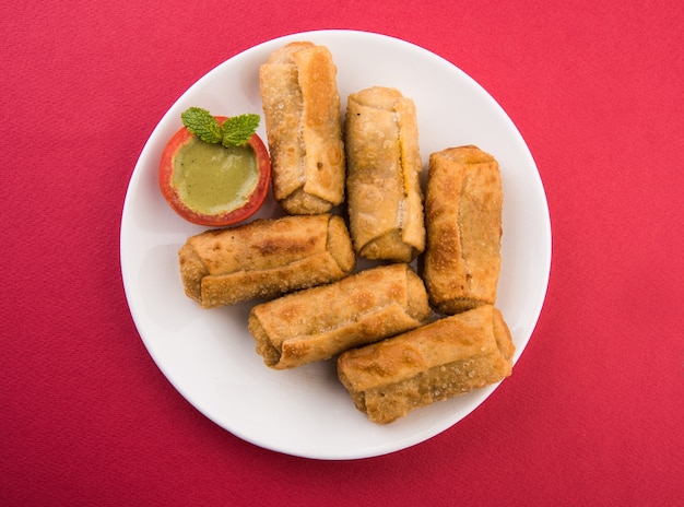 Rouleaux de printemps aux légumes avec feuille de menthe et chutney vert ou ketchup aux tomates. Mise au point sélective