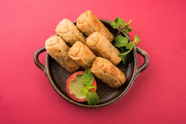 Rouleaux de printemps aux légumes avec feuille de menthe et chutney vert ou ketchup aux tomates. Mise au point sélective