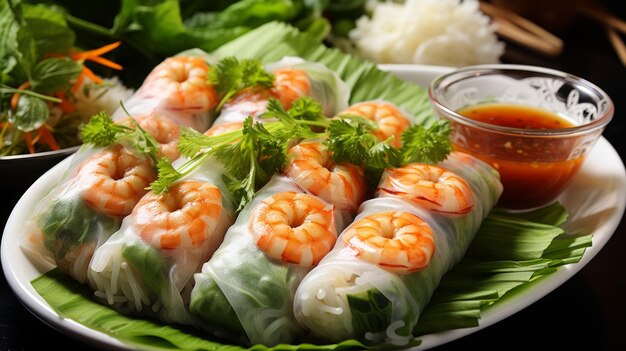 Photo des rouleaux de printemps vietnamiens frais et sains avec des légumes et des crevettes