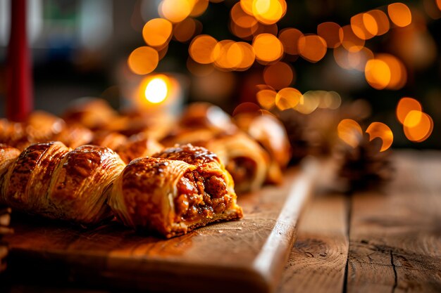 Des rouleaux de saucisses fraîchement cuits juste sortis du four contre un dos de fête de Noël flou